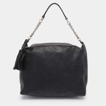 Pre Owned CH Carolina Herrera Black Leather Tassel Shoulder Bag