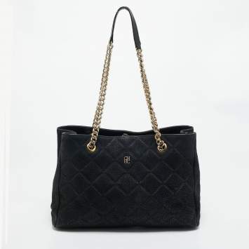 Pre Owned CH Carolina Herrera Black Quilted Nubuck Chain Tote