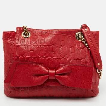 Pre Owned CH Carolina Herrera Red Monogram Embossed Leather Audrey Shoulder Bag