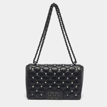 Pre Owned CH Carolina Herrera Black Quilted Leather Pearl Studded Flap Chain Shoulder Bag