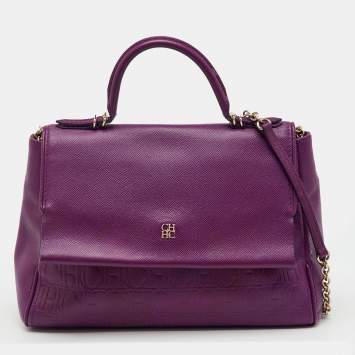 Pre Owned CH Carolina Herrera Purple Monogram Embossed Leather Minuetto Top Handle Bag