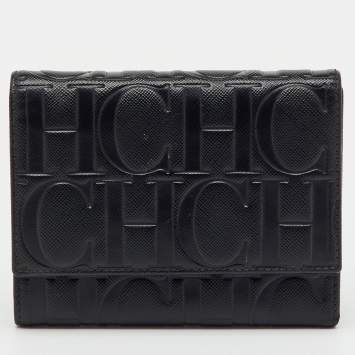 مملوكة مسبقًا CH Carolina Herrera Black Leather Logo Embossed Trifold Wallet