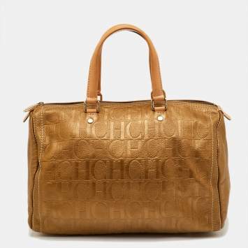 Pre Owned حقيبة بوسطن سي أتس كارولينا هيريرا أندي كبيرة جلد بنقشة مونوجرامي ذهبي معدني