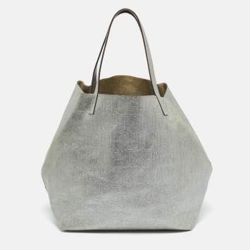 Pre Owned Carolina Herrera Matryoshka Metallic Grey Monogram Leather Tote