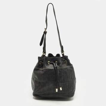 Pre Owned CH Carolina Herrera Black Monogram Embossed Leather Drawstring Bucket Bag