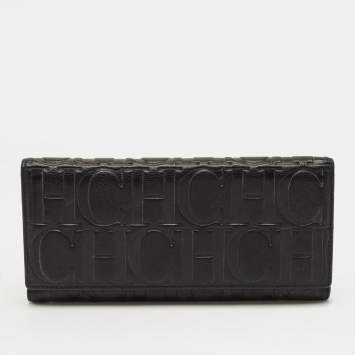 Pre Owned CH Carolina Herrera Black Monogram Embossed Leather Flap Continental Wallet