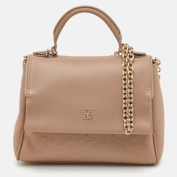 Pre Owned CH Carolina Herrera Minuetto Small Beige Leather Top Handle Bag