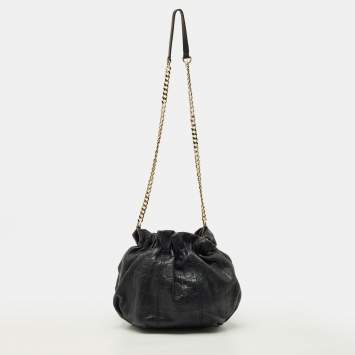 Pre Owned CH Carolina Herrera Navy Blue Monogram Embossed Leather Bucket Bag