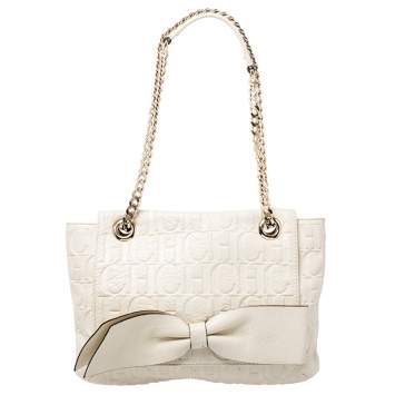 Pre Owned Carolina Herrera Cream Monogram Leather Audrey Shoulder Bag