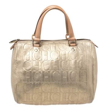 Pre Owned Carolina Herrera Metallic Gold Monogram Leather Andy Boston Bag           