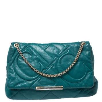 مملوكة مسبقًا Carolina Herrera Green CH Embossed Leather Flap Chain Shoulder Bag