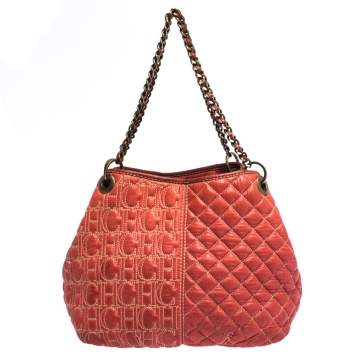 Pre Owned CH Carolina Herrera Orange Leather Chain Handle Tote