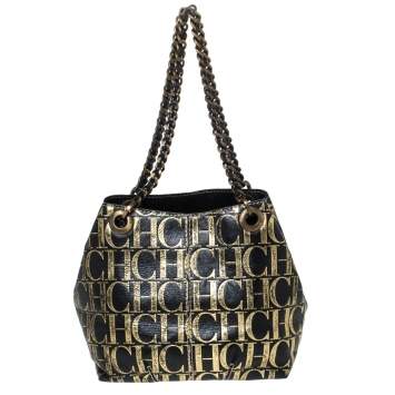 Pre Owned Carolina Herrera Black/Gold Monogram Leather Chain Shoulder Bag