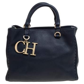 Pre Owned Carolina Herrera Navy Blue Leather Charm Tote