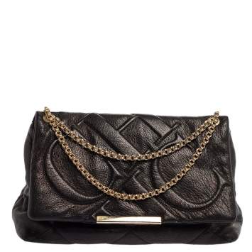 Pre Owned Carolina Herrera Black Embossed Leather Flap Chain Shoulder Bag