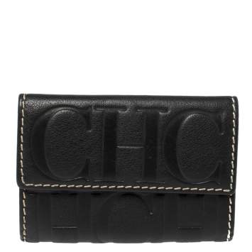 Pre Owned Carolina Herrera Black Monogram Leather Flap Compact Wallet