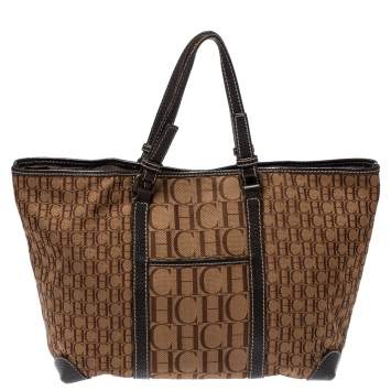 مملوكة مسبقًا Carolina Herrera Brown Canvas and Leather Monogram Shopper Tote