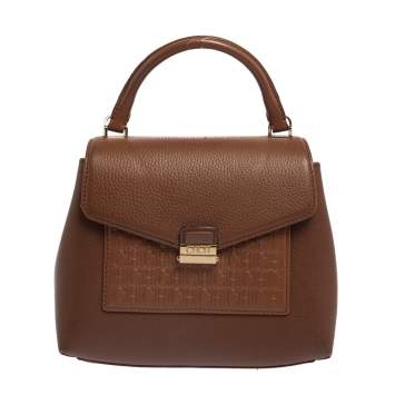 Pre Owned Carolina Herrera Brown Monogram Leather Flap Top Handle Bag