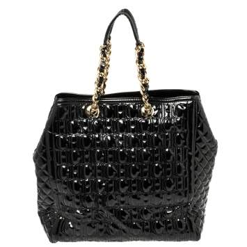 Pre Owned Carolina Herrera Black Embossed Monogram Patent Leather Chain Tote