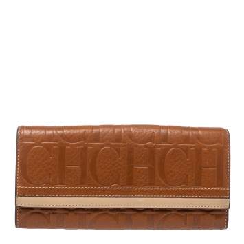 Pre Owned Carolina Herrera Brown/Beige Leather Embossed Flap Wallet