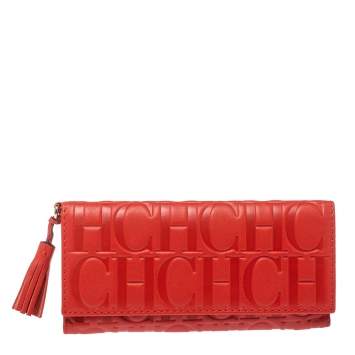 Pre Owned Carolina Herrera Red Monogram Leather American Flap Wallet