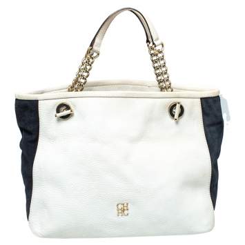 Pre Owned  Carolina Herrera White/Blue Textured Leather And Suede Tote
