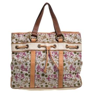 Pre Owned CH Carolina Herrera Multicolor Embroidered Fabric and Leather Trim Tote