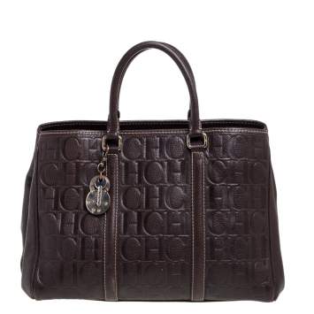 Pre Owned Carolina Herrera Brown Monogram Leather Matteo Tote