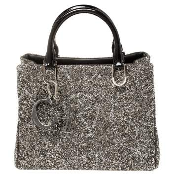 Pre Owned CH Carolina Herrera Silver/Black Patent Leather Crystal Embellished Mini Duchess Tote