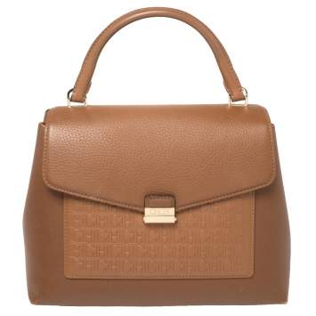 Pre Owned Carolina Herrera Brown Monogram Leather Top Handle Bag