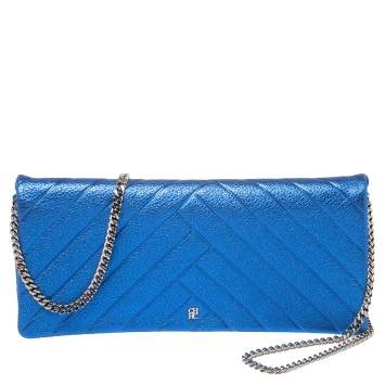 Pre Owned Carolina Herrera Metallic Blue Quilted Leather Chain Clutch
