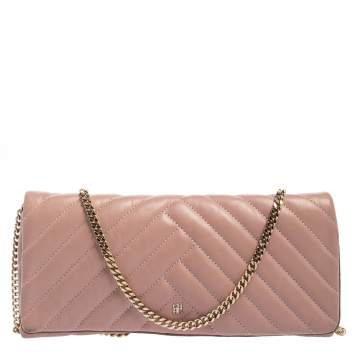 Pre Owned CH Carolina Herrera Old Rose Leather Flap Chain Clutch