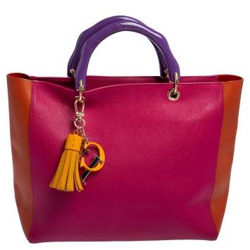 Pre Owned Carolina Herrera Multicolor Grained Leather Tassel Logo Tote