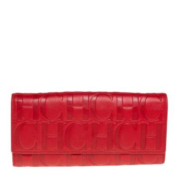 Pre Owned Carolina Herrera Red Monogram Leather Continental Wallet