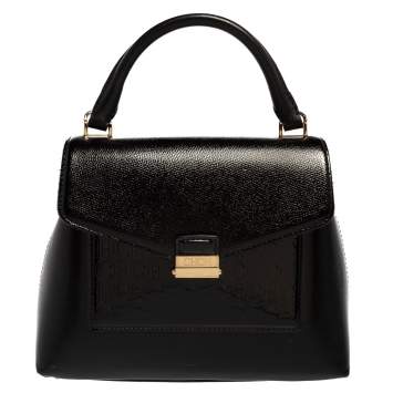 Pre Owned Carolina Herrera Black Monogram Patent Leather Flap Top Handle Bag