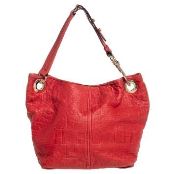 Pre Owned CH Carolina Herrera Red CH Embossed Leather Expandable Hobo