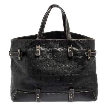 Pre Owned Carolina Herrera Black Monogram Embossed Leather Tote