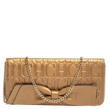 Pre Owned Carolina Herrera Gold Monogram Embossed Leather Bow Chain Clutch 