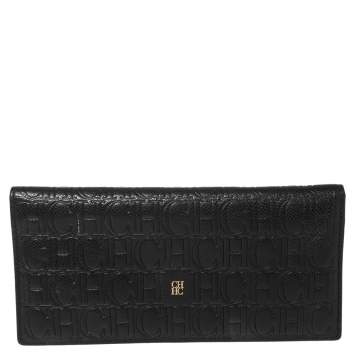 Pre Owned Carolina Herrera Black Monogram Embossed Leather Bifold Long Wallet