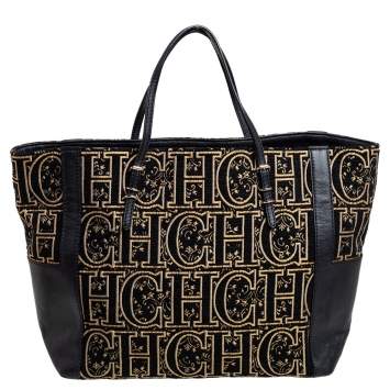 Pre Owned CH Carolina Herrera Black/Gold Leather, Fabric Tote