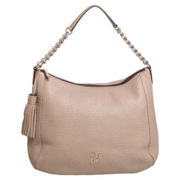 Pre Owned Carolina Herrera Beige Leather Chain Tassel Hobo