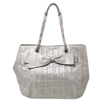 Pre Owned CH Carolina Herrera Silver Embossed Leather Audrey Tote
