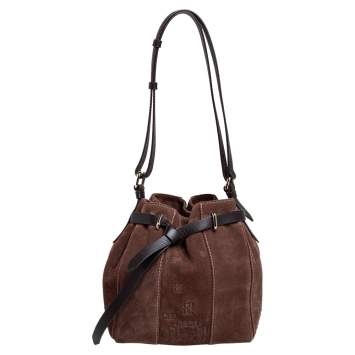 Pre Owned Carolina Herrera Brown Embossed Suede and Leather Bow Bucket Bag