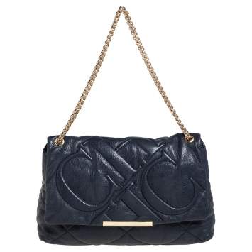 Pre Owned CH Carolina Herrera Black CH Embossed Leather Flap Chain Shoulder Bag