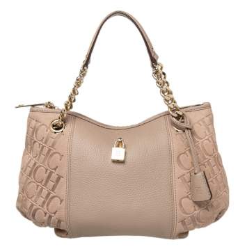 Pre Owned CH Carolina Herrera Beige Monogram Leather Dahlia Satchel