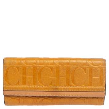 Pre Owned CH Carolina Herrera Yellow Monogram Leather Continental Wallet
