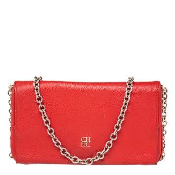 Pre Owned CH Carolina Herrera Red Monogram Leather Crossbody Bag