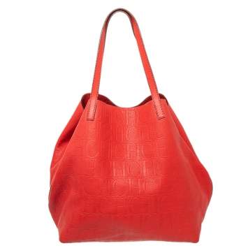 Pre Owned Carolina Herrera Red Monogram Leather Matryoshka Tote