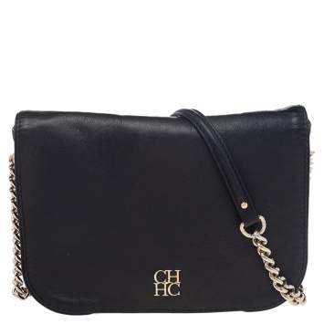 Pre Owned CH Carolina Herrera Black Leather Flap Shoulder Bag