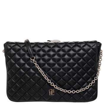 Pre Owned CH Carolina Herrera Black Quilted Leather Flap Chain Shoulder Bag